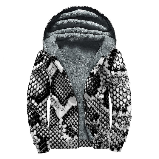 Black And White Snakeskin Print Sherpa Lined Zip Up Hoodie