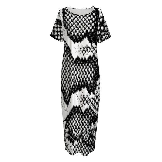 Black And White Snakeskin Print Short Sleeve Long Nightdress