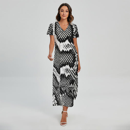 Black And White Snakeskin Print Short Sleeve Maxi Dress