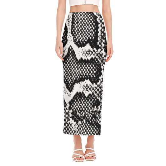 Black And White Snakeskin Print Side Slit Maxi Skirt
