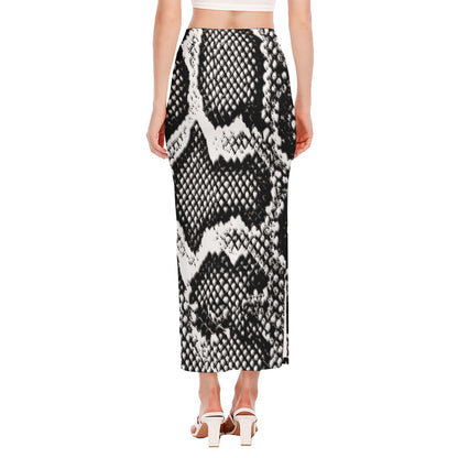 Black And White Snakeskin Print Side Slit Maxi Skirt