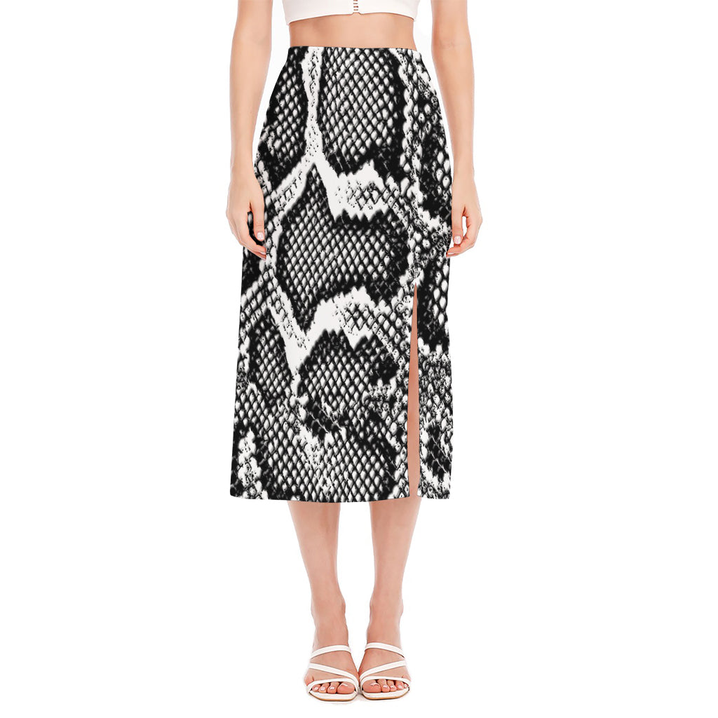 Black And White Snakeskin Print Side Slit Midi Skirt