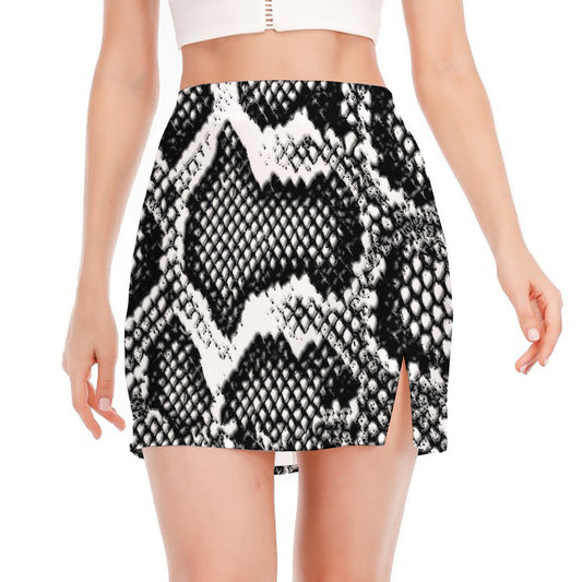 Black And White Snakeskin Print Side Slit Mini Skirt