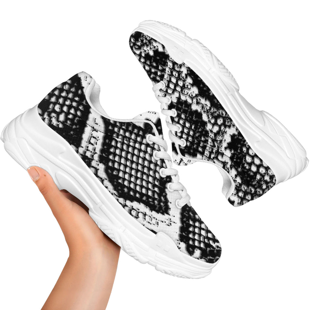 Black And White Snakeskin Print White Chunky Shoes