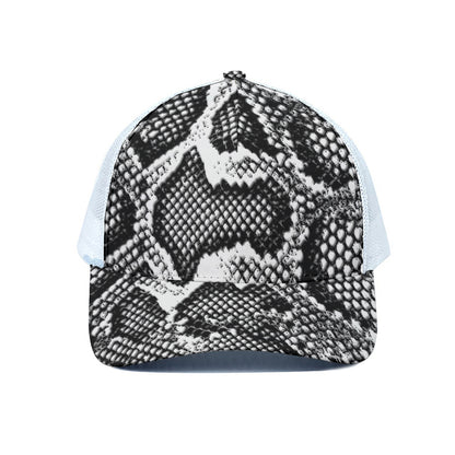 Black And White Snakeskin Print White Mesh Trucker Cap