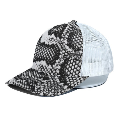 Black And White Snakeskin Print White Mesh Trucker Cap