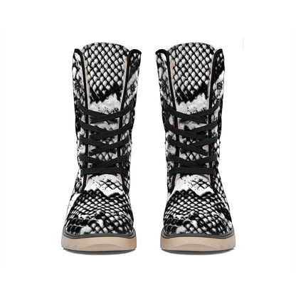 Black And White Snakeskin Print Winter Boots