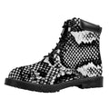 Black And White Snakeskin Print Padded Collar Lace Up Boots
