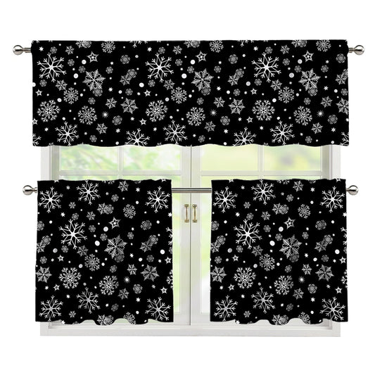 Black And White Snowflake Pattern Print 3 Piece Kitchen Curtains