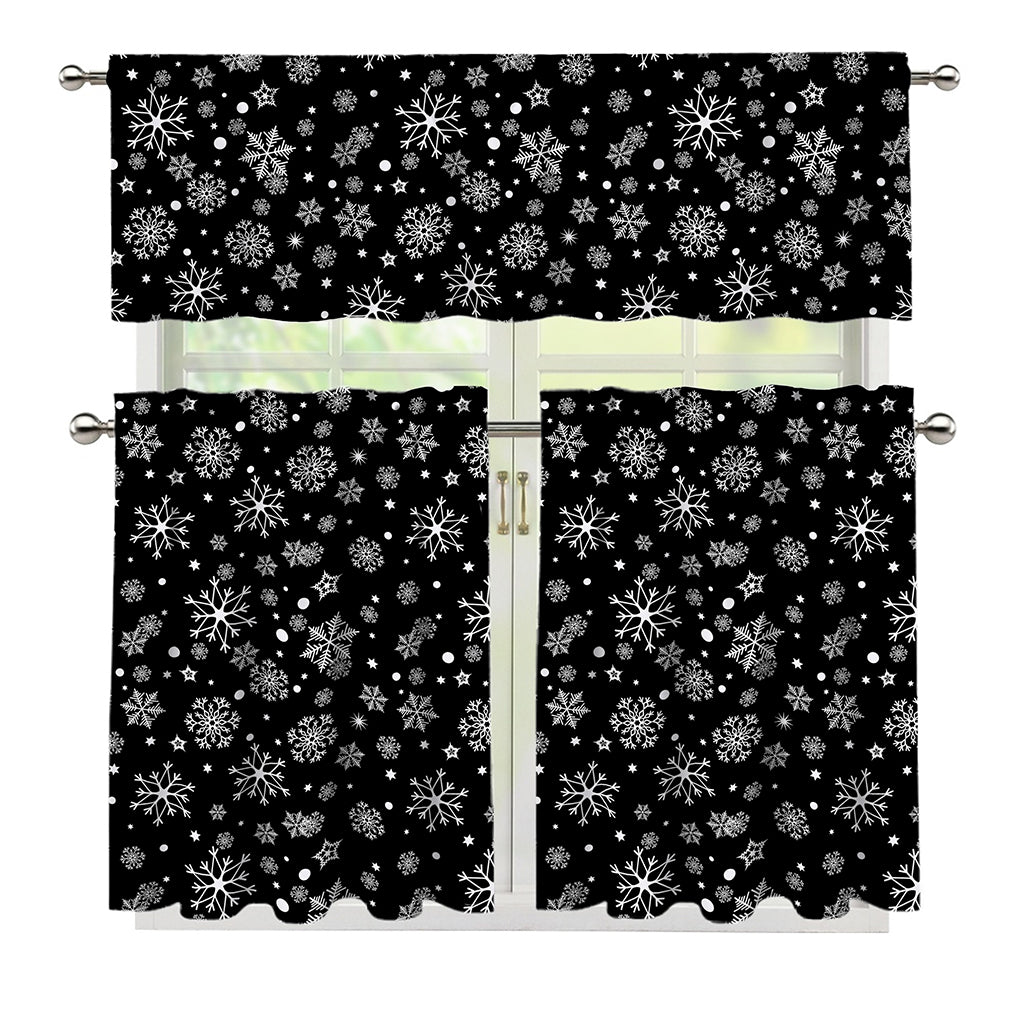 Black And White Snowflake Pattern Print 3 Piece Kitchen Curtains
