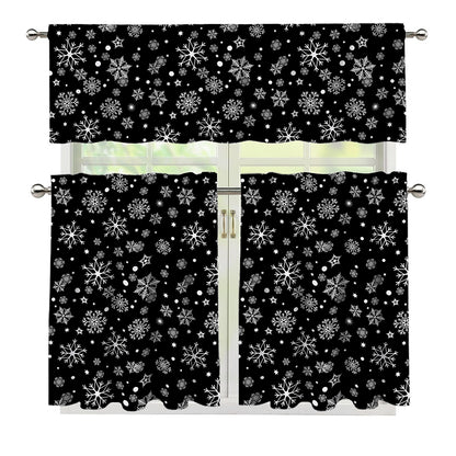 Black And White Snowflake Pattern Print 3 Piece Kitchen Curtains