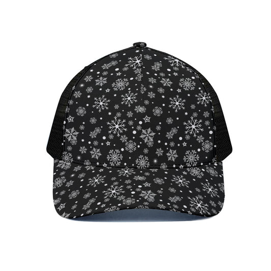 Black And White Snowflake Pattern Print Black Mesh Trucker Cap