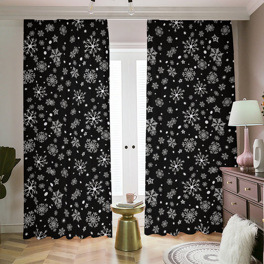Black And White Snowflake Pattern Print Blackout Pencil Pleat Curtains