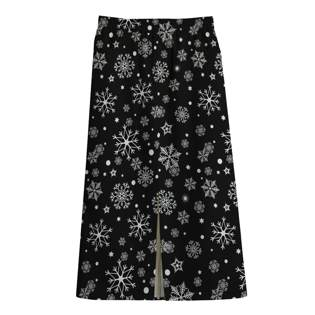 Black And White Snowflake Pattern Print Cotton Front Slit Maxi Skirt