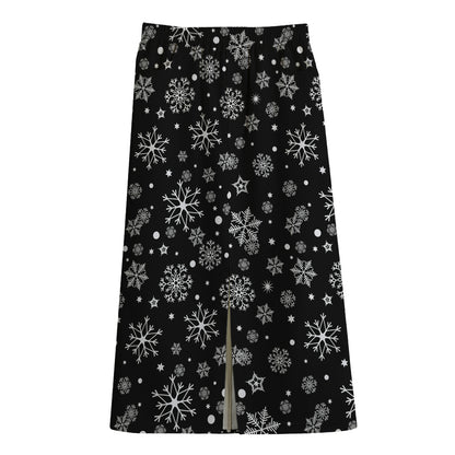 Black And White Snowflake Pattern Print Cotton Front Slit Maxi Skirt