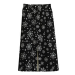 Black And White Snowflake Pattern Print Cotton Front Slit Maxi Skirt