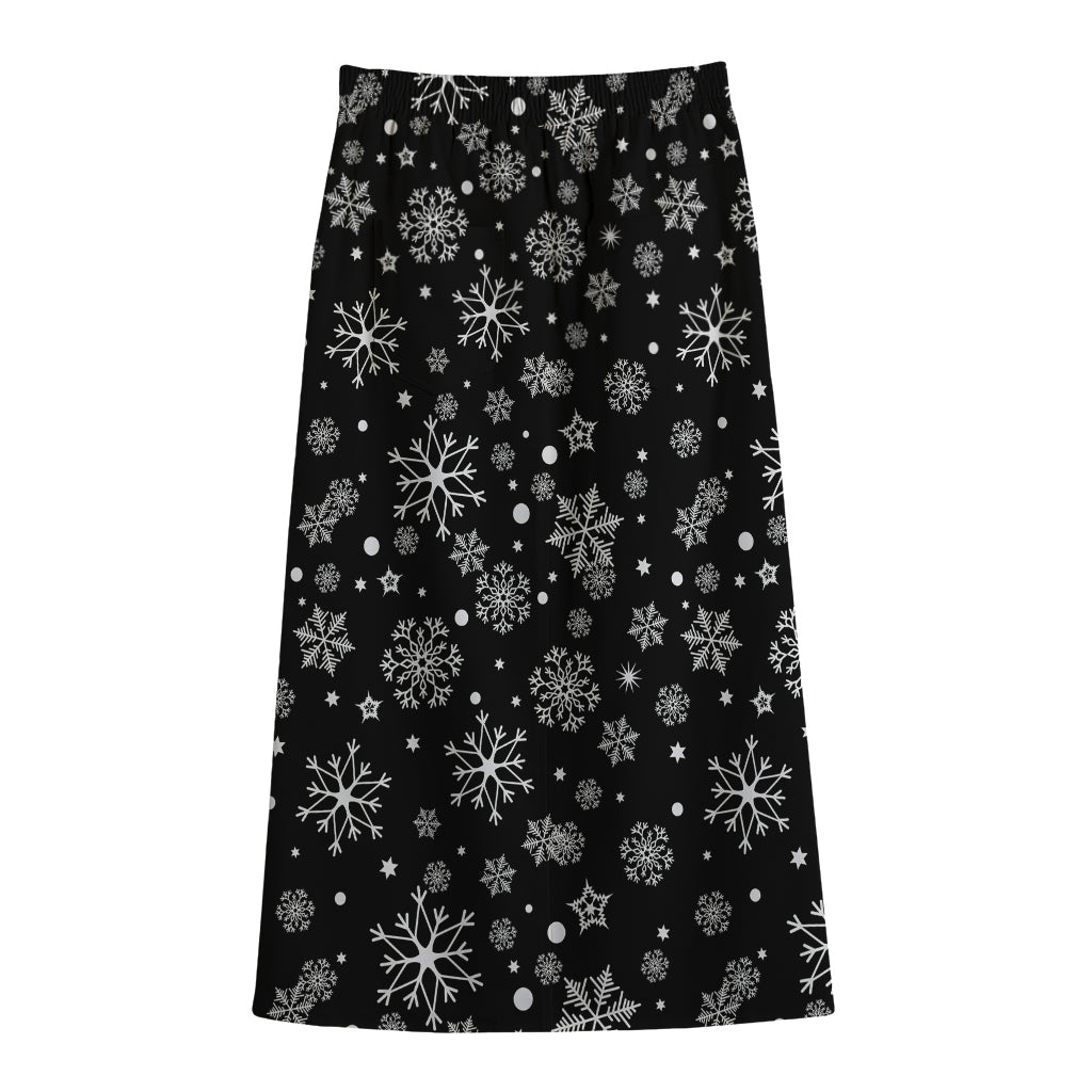 Black And White Snowflake Pattern Print Cotton Front Slit Maxi Skirt