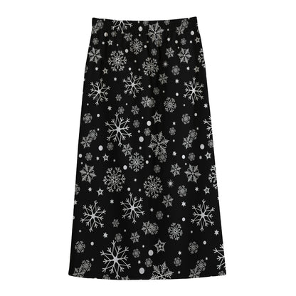 Black And White Snowflake Pattern Print Cotton Front Slit Maxi Skirt
