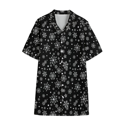 Black And White Snowflake Pattern Print Cotton Hawaiian Shirt