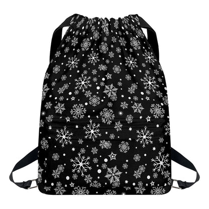 Black And White Snowflake Pattern Print Drawstring Backpack