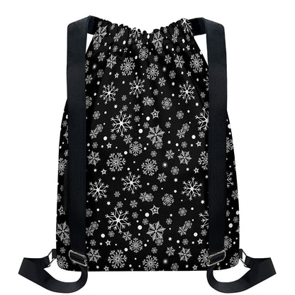 Black And White Snowflake Pattern Print Drawstring Backpack