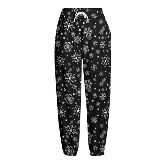 Black And White Snowflake Pattern Print Fleece Lined Knit Pants