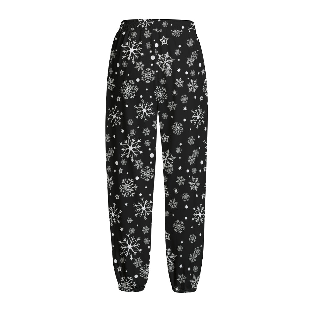 Black And White Snowflake Pattern Print Fleece Lined Knit Pants