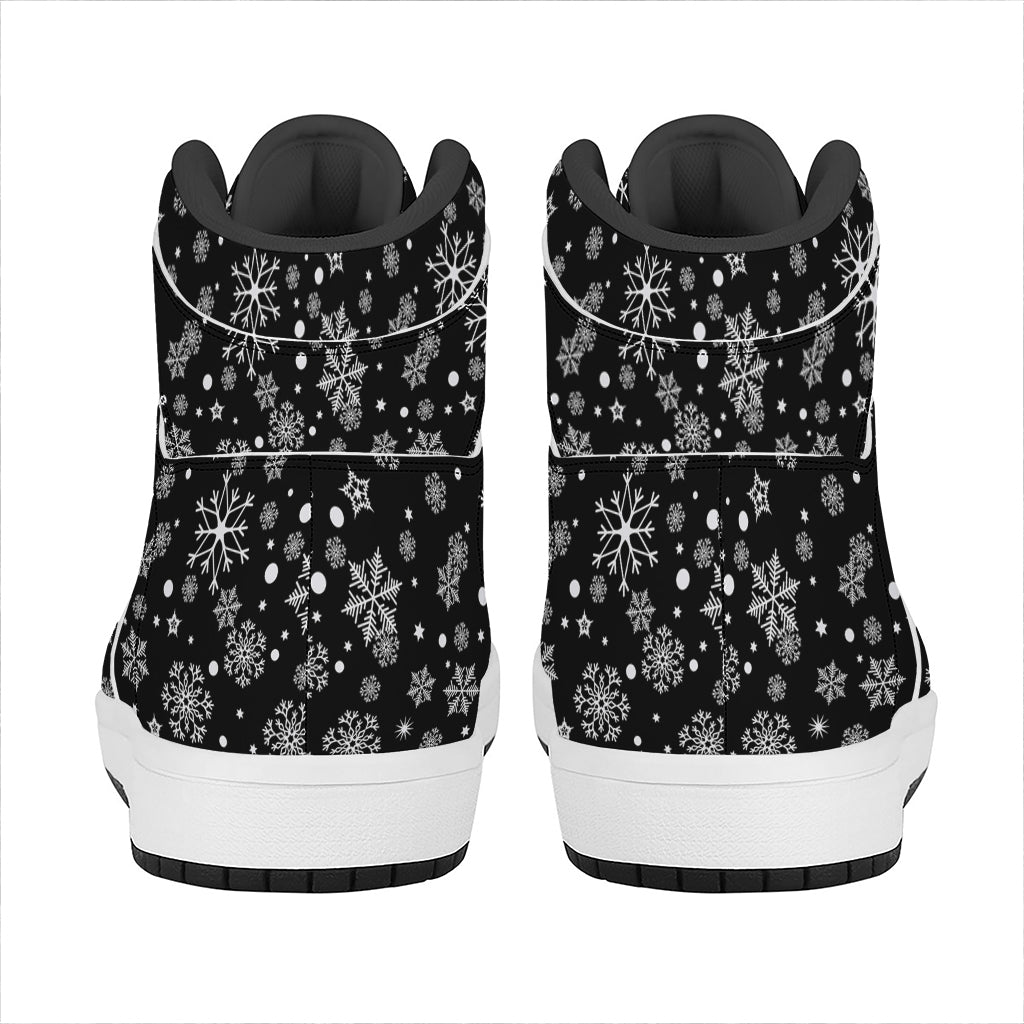 Black And White Snowflake Pattern Print High Top Leather Sneakers