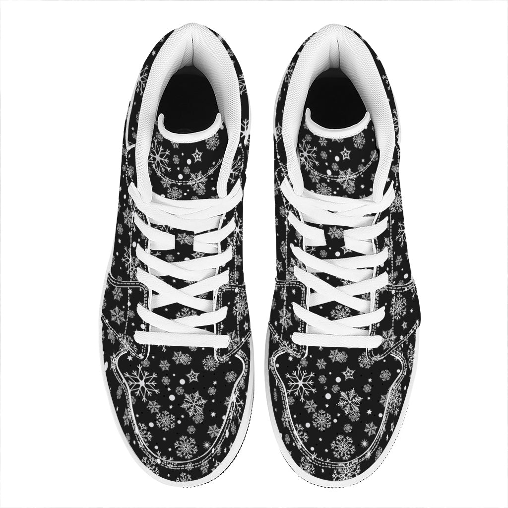 Black And White Snowflake Pattern Print High Top Leather Sneakers