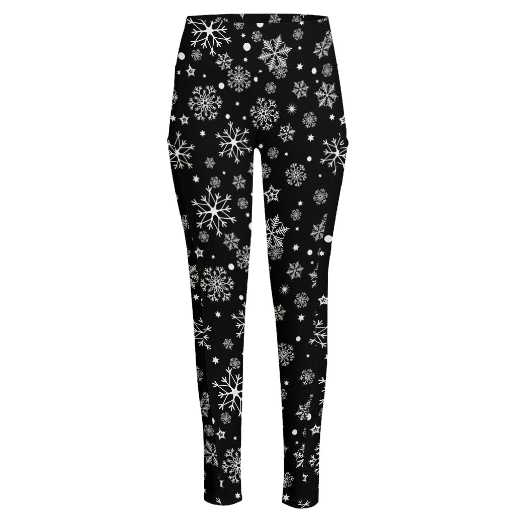 Black And White Snowflake Pattern Print High-Waisted Pocket Leggings