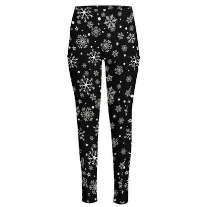 Black And White Snowflake Pattern Print High-Waisted Pocket Leggings