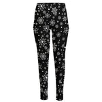 Black And White Snowflake Pattern Print High-Waisted Pocket Leggings
