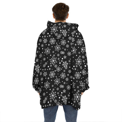 Black And White Snowflake Pattern Print Hoodie Blanket