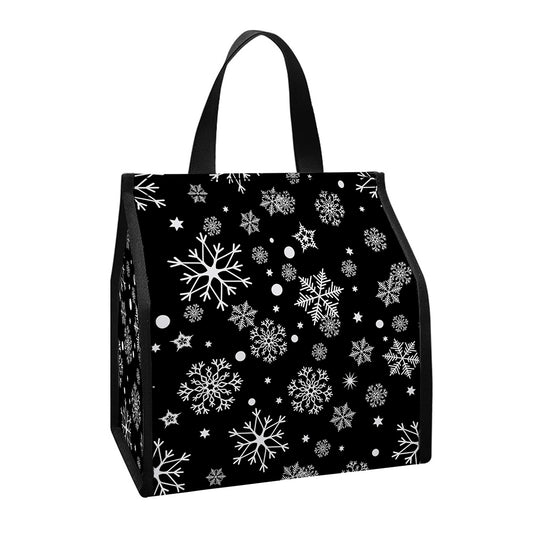 Black And White Snowflake Pattern Print Insulated Lunch Tote