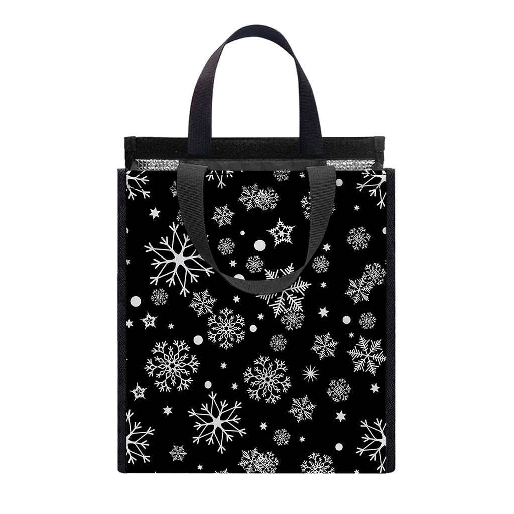 Black And White Snowflake Pattern Print Insulated Lunch Tote