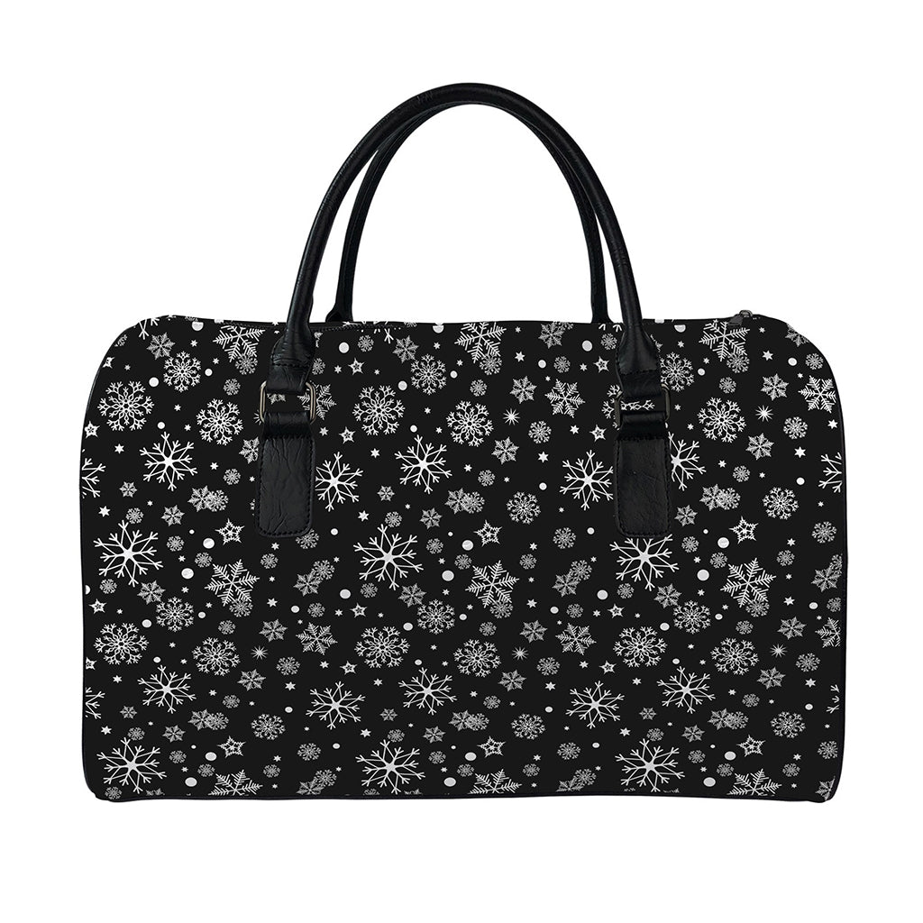 Black And White Snowflake Pattern Print Leather Duffle Bag