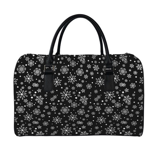 Black And White Snowflake Pattern Print Leather Duffle Bag