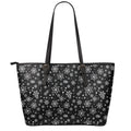 Black And White Snowflake Pattern Print Leather Tote Bag With Zipper