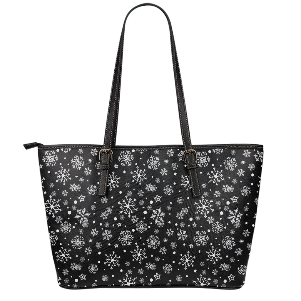 Black And White Snowflake Pattern Print Leather Tote Bag