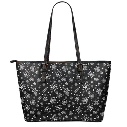Black And White Snowflake Pattern Print Leather Tote Bag