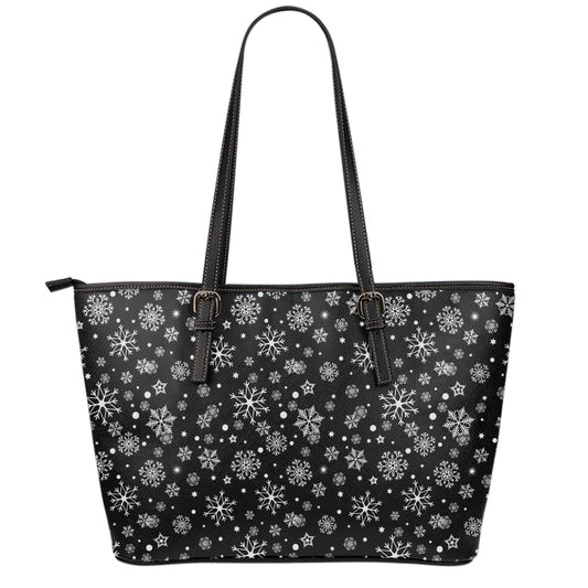 Black And White Snowflake Pattern Print Leather Tote Bag