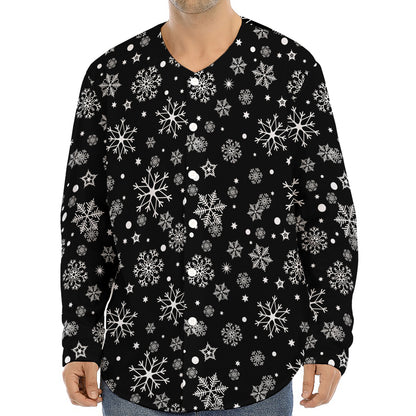 Black And White Snowflake Pattern Print Long Sleeve Baseball Jersey