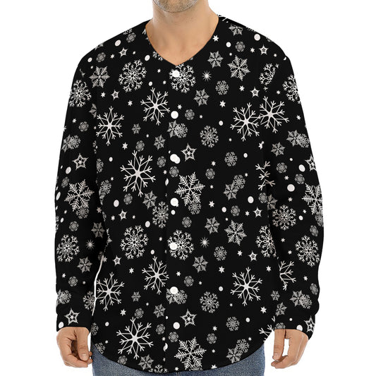 Black And White Snowflake Pattern Print Long Sleeve Baseball Jersey