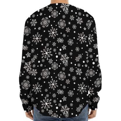 Black And White Snowflake Pattern Print Long Sleeve Baseball Jersey