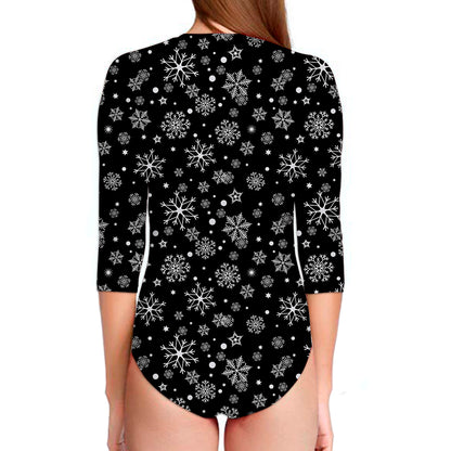 Black And White Snowflake Pattern Print Long Sleeve Swimsuit