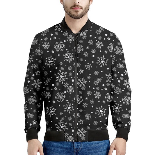 Black And White Snowflake Pattern Print Men's Bomber Jacket
