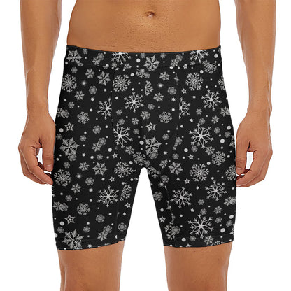 Black And White Snowflake Pattern Print Men's Long Boxer Briefs