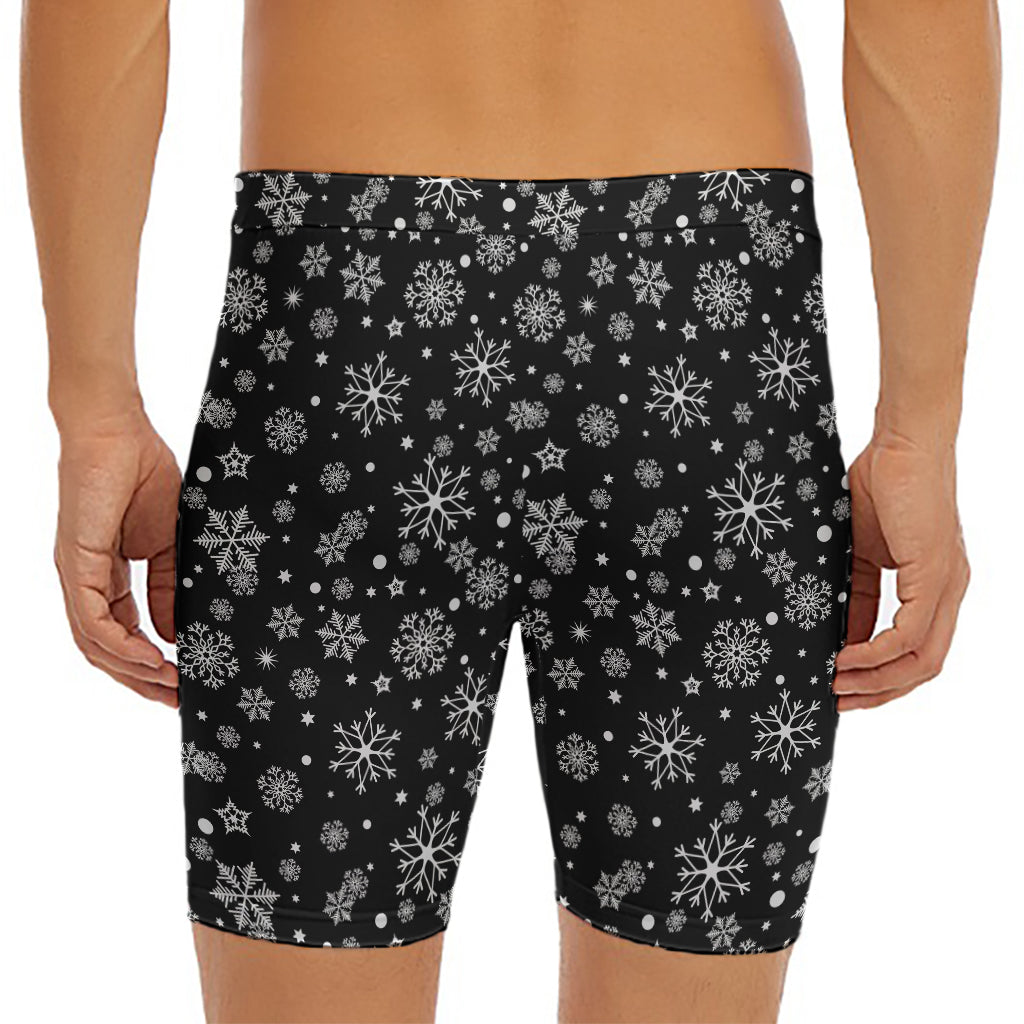 Black And White Snowflake Pattern Print Men's Long Boxer Briefs