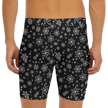 Black And White Snowflake Pattern Print Men's Long Boxer Briefs