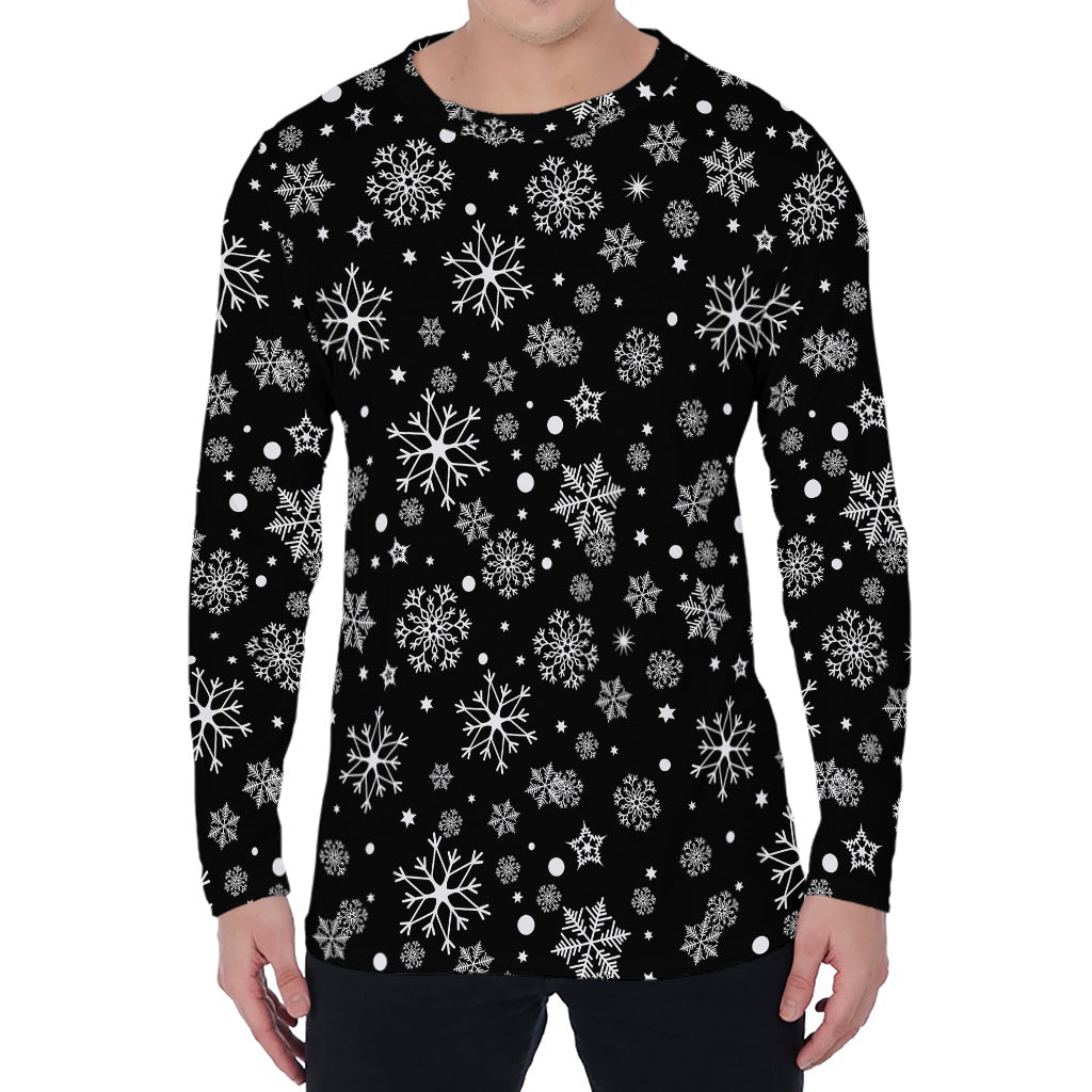 Black And White Snowflake Pattern Print Men's Long Sleeve T-Shirt